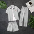 thumbnail image 5 of Eryao Big and Tall Mens Summer Beach Outfit Set 3 Piece Waffle Knit Short Sleeve Button Down Shirts Matching Pants and Shorts with Pockets Casual Color Block Lounge Sets,Gray,XXXL, 5 of 6