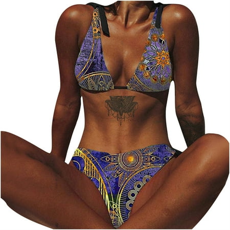 Abcnature Women s Bikini Swimsuits Sets  Thong Bikini Sets Sexy Vintage Print Lace Bikini Push-Up Padded Beachwear Set Swimwear Bikini Sets for Women Purple S