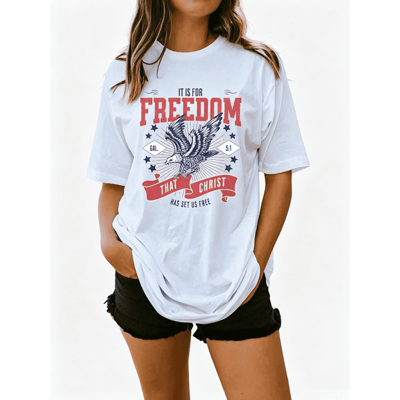 Women White Vintage Patriotic Eagle T-Shirt, Oversized Crew Neck Top for 4th of July Independence Day