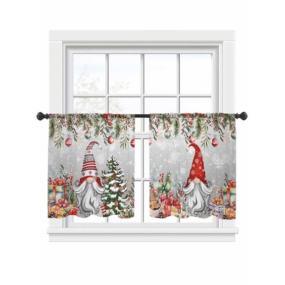 Winter Gnome Sheer Curtains 45 inches Long, Christmas Tree Leaves Flower Snowflake Ball Gray Light Filtering Sheer Window Curtains Rod Pocket Voile Drapes for Bedroom Living Room, 2 Panels 52"Wx45"L