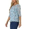 thumbnail image 5 of INSPIRE CHIC Women's Tops 3/4 Sleeves Ruffle Hem Floral Chiffon Shirt Blouses M Blue White, 5 of 6