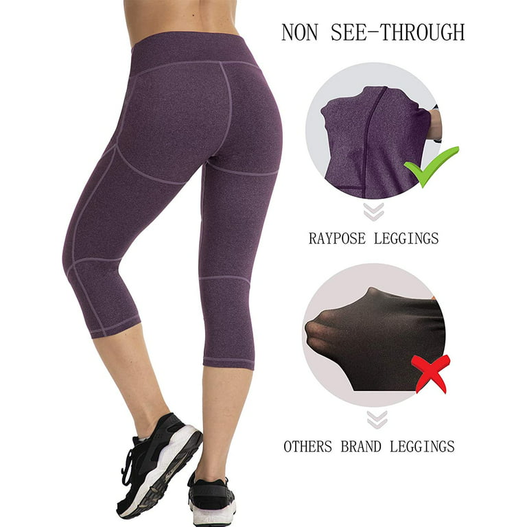 RAYPOSE High Waist Tummy Control Capri Yoga Pants w Inner Pockets for Women  Workout Running Capris Leggings Non See Through for Fitness Purple-L 