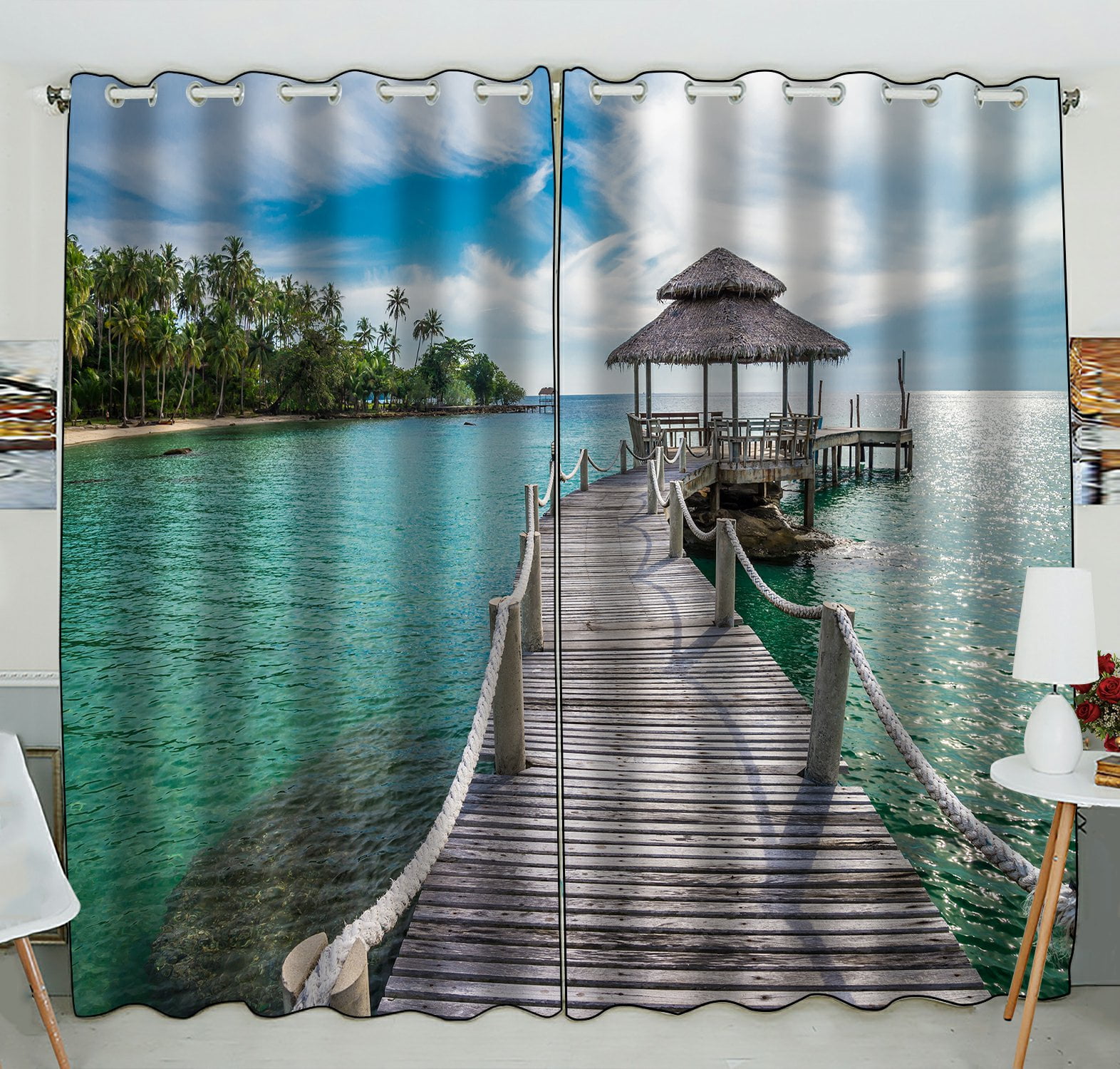 PHFZK Ocean Theme Window Curtain, Long Wooden Bridge in Beautiful