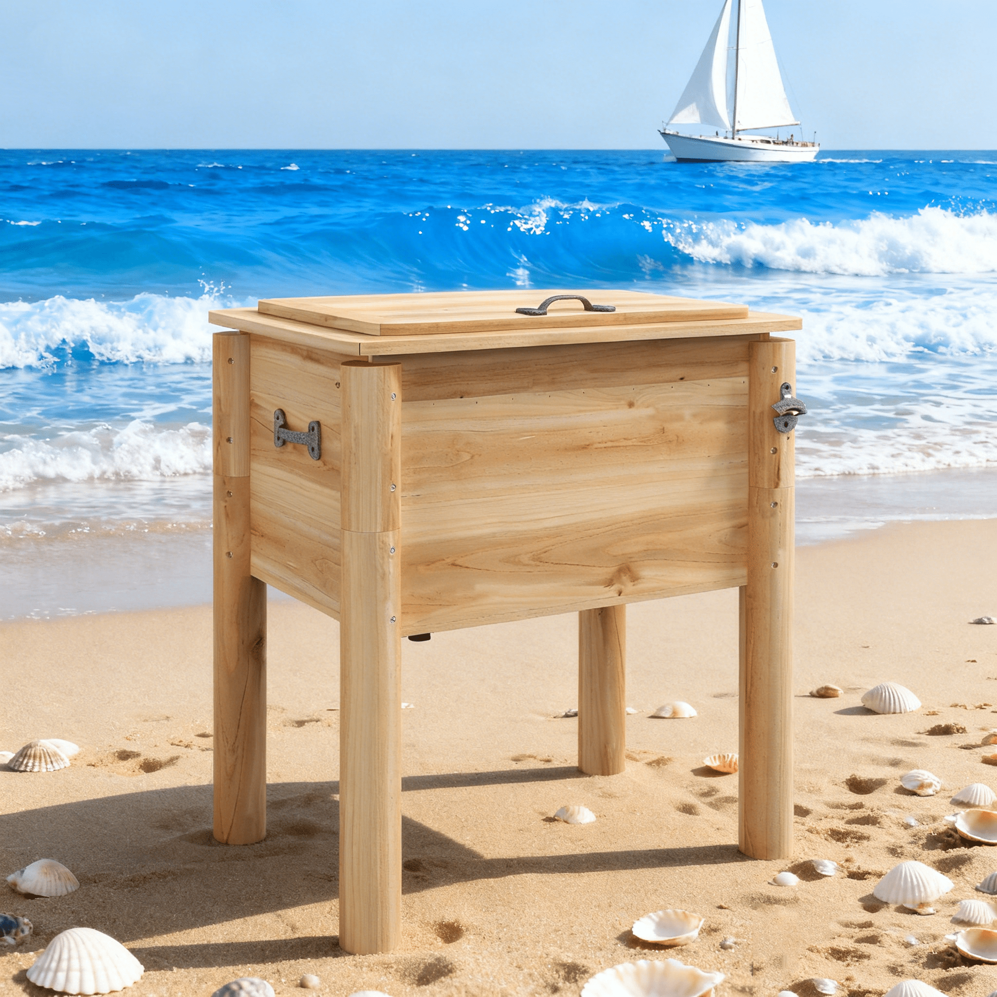 JERFIT 54Qt Outdoor Cooler with Wheels, Insulated Steel Lining, Bottle Opener & Drain Plug, Portable Wood Party Ice Chest for Patio, Pool, Beach, Camping