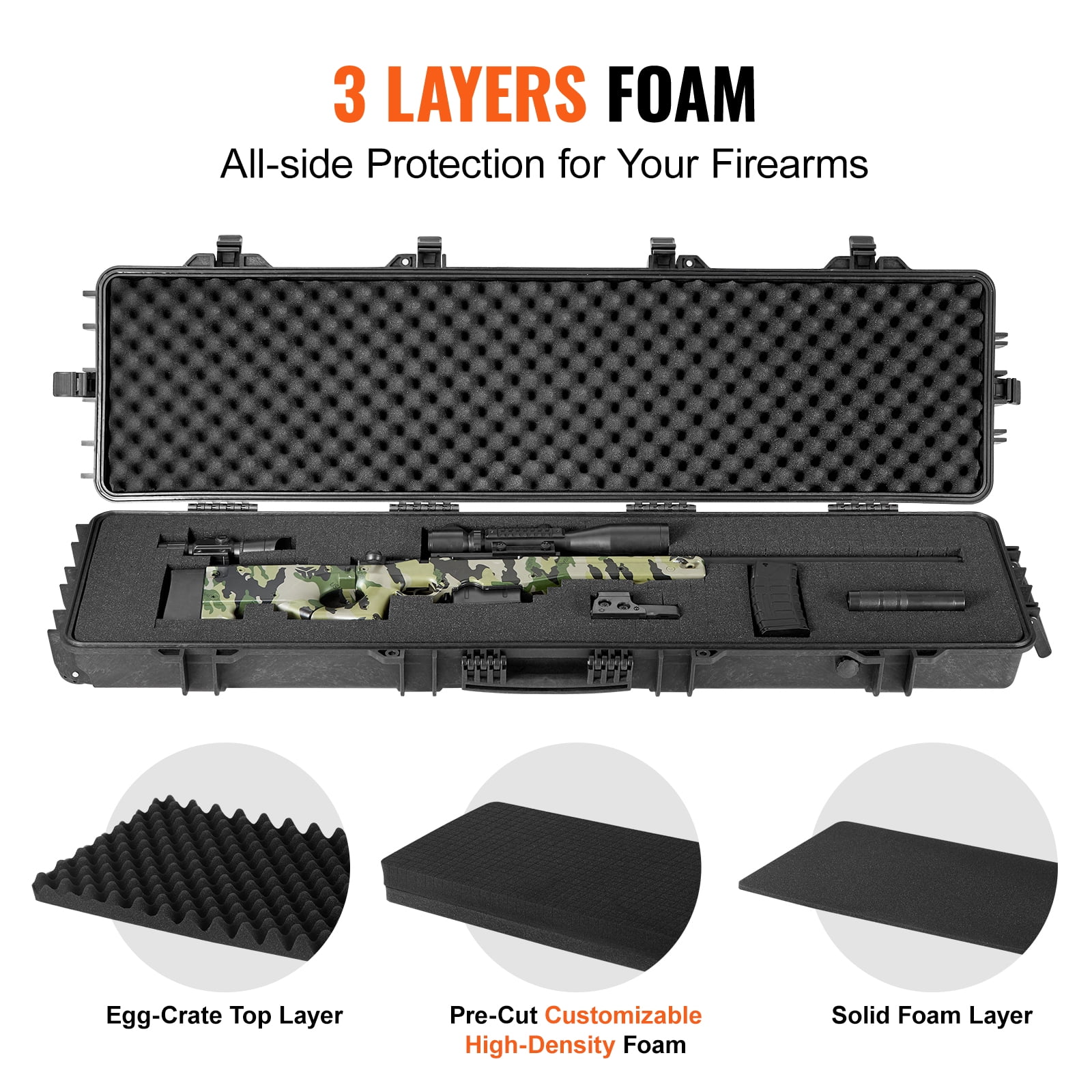 KFFKFF Gun Container, Secure Hard Shell for Rifles with Triple Layered Foam Protection, 50-inch Lockable Firearm Case with Rollers, IP67 Water-Resistant & Impact-Resistant