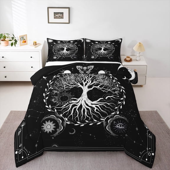 Erosebridal Boho Life Tree Comforter Sets Queen Size, Black White Comforters & Duvets, Psychedelic Damask Reversible Bedding Queen Comforter Set, Ultra Soft Room Decorative, 3-Piece