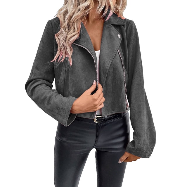 WRKEKC Jackets for Women Solid Color Zip Up Long Sleeve Hoodless Casual Jacket with Ribbed Cuffs for Fall Outings