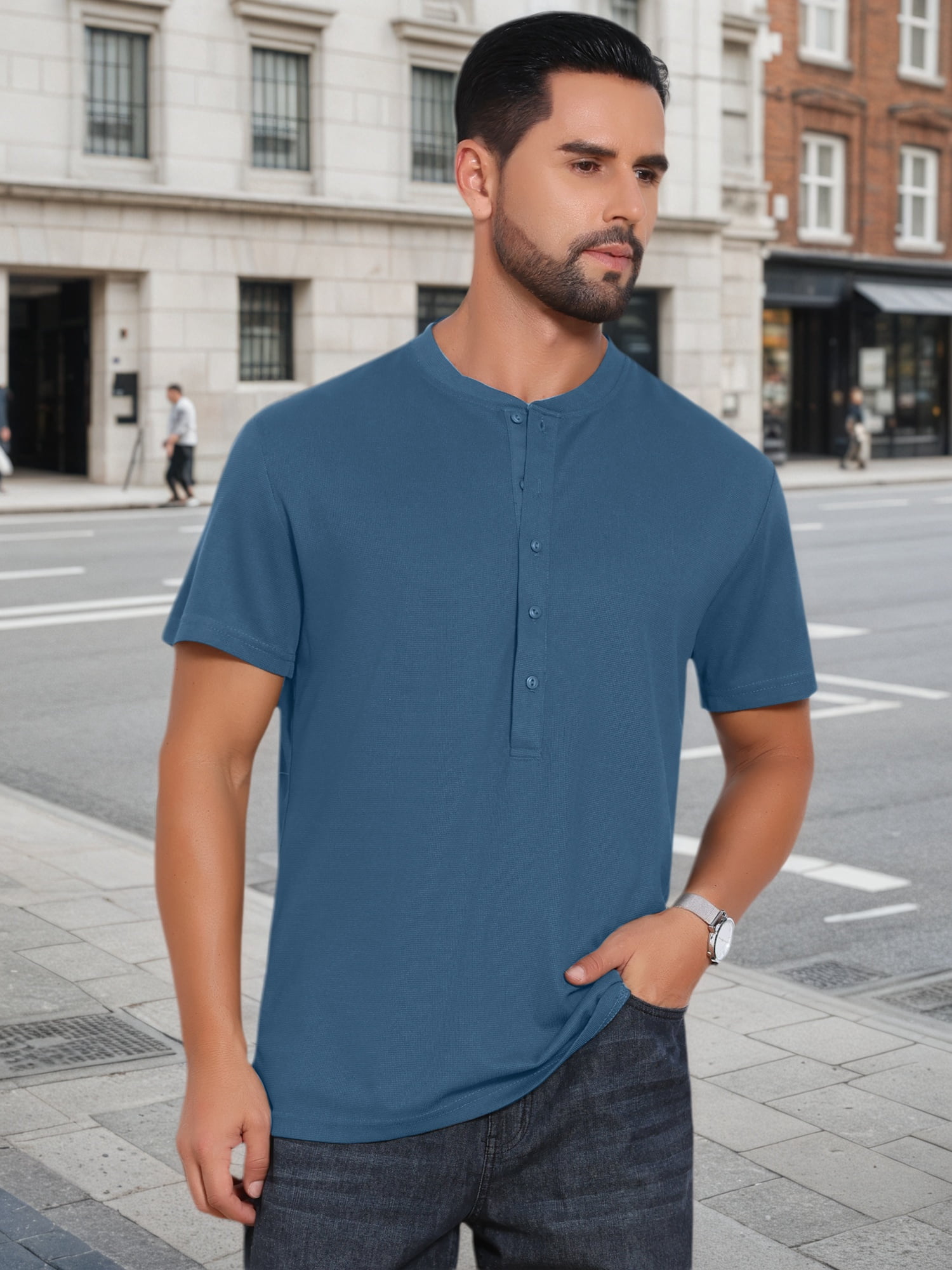 DARING DIVA Men's Henley Breathable Short Sleeve Button Down T-Shirt 2XL Dark Blue