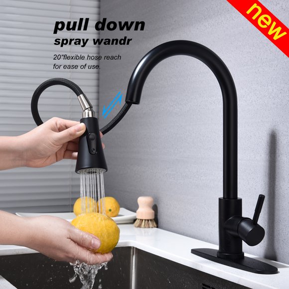 Black Kitchen Faucet with Pull Out Sprayer Pull Down Kitchen Faucets Spray Head Single Hole 3 Holes with Plate Matte Black/Gold/Brushed Nickel Stainless Steel