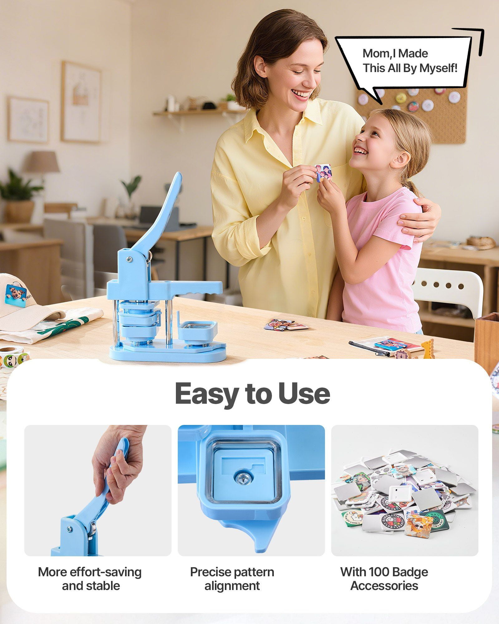 Button Maker Machine 1.97x1.97 Inch Square DIY Badge Maker with Tinplate Shell Plastic Cover Magnetic Backing Transparent Film Ergonomic Handle Blue