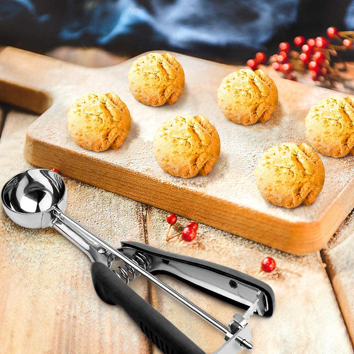 Kepooman Stainless Steel Ice Cream Scoop Set with Trigger for Cooking Baking, Set of 3, Large-Medium-Small Size, Black Kepooman Stainless Steel Ice Cream Scoop Set with Trigger for Cooking Baking, Set of 3, Large-Medium-Small Size, Black