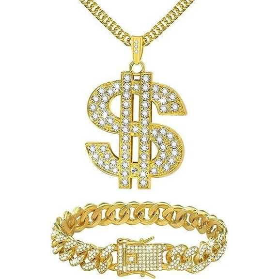 VNOX 2 Pcs Cuban Link Gold Chain Necklace Set, 80s 90s Costume Jewelry with Big Fake Gold Chains, Dollar Sign Pendant, Hip Hop Rapper Costume Accessories for Men Women Halloween Party
