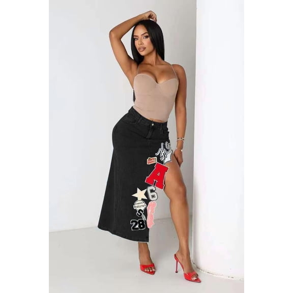 Embroidered Patchwork Denim Midi Skirt (S, Black)