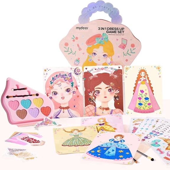 Dress Up Games Set, Princess Art Craft Kits with Makeup Books, Stickers & Diamond Painting, Mess-Free Safe DIY Art Activity, Travel Toys, Ideal Birthday for Girls 4-8