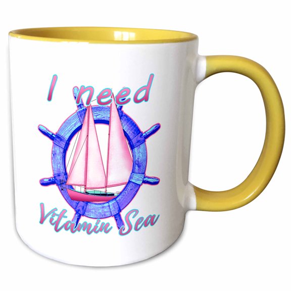 3drose, Fun Coastal I Need Vitamin Sea Nautical Beach Quote with Sailboat., 15oz Two-tone Yellow Mug