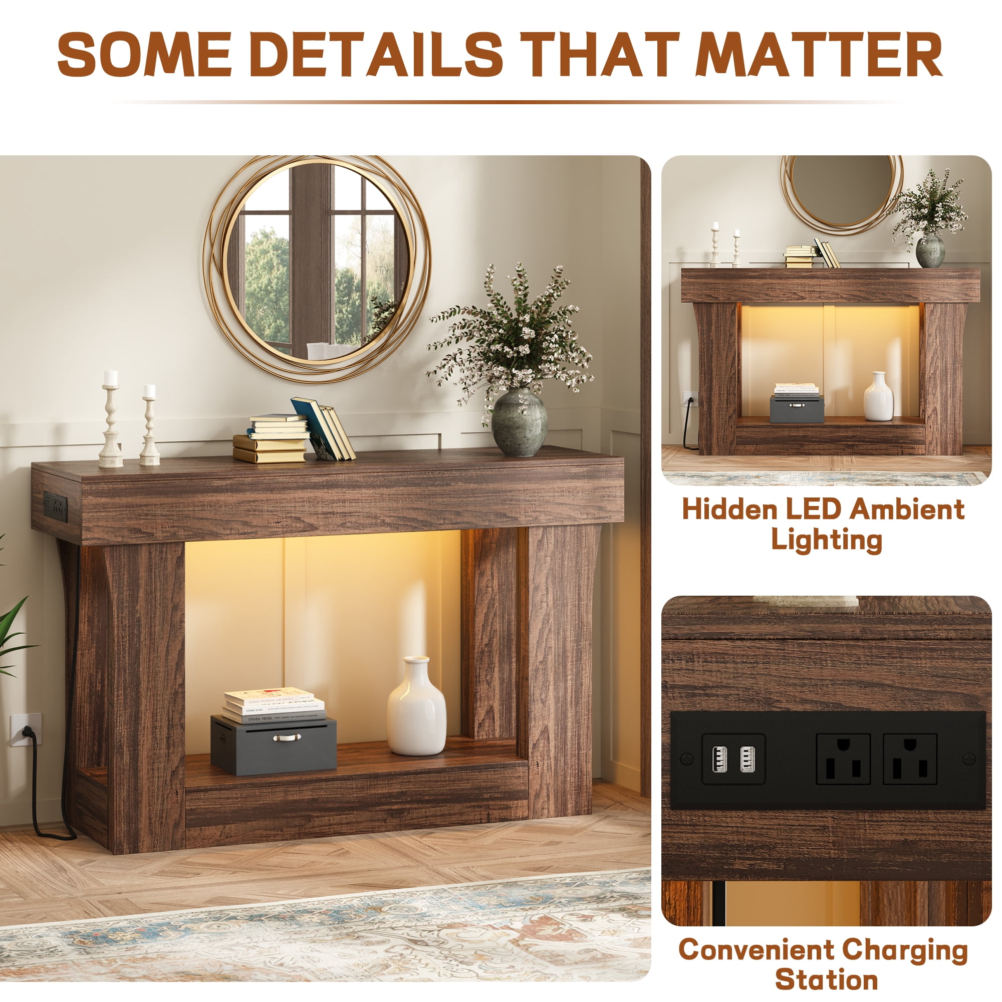 47" Long Console Table for Entryway with Charging Station, Wooden Foyer Hallway Table, Industrial Console Sofa Table for Living Room, Brown