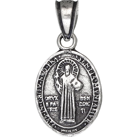Sterling Silver Saint Benedict Medal Reversible Charm Pendant Necklace Antique Finish with 18 Inch Chain