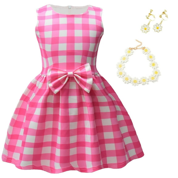 Pink Plaid Girls Costume Dress Halloween Movie Cosplay Dress Up 3-9 Years
