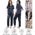 thumbnail image 4 of Womens Silk Satin Pajamas Set 2pcs Short Sleeve Button Down Pajama Set Womens Satin Sleepwear Set with Long Pant Womens Soft Loungewear Set, S-XXL, 4 of 11