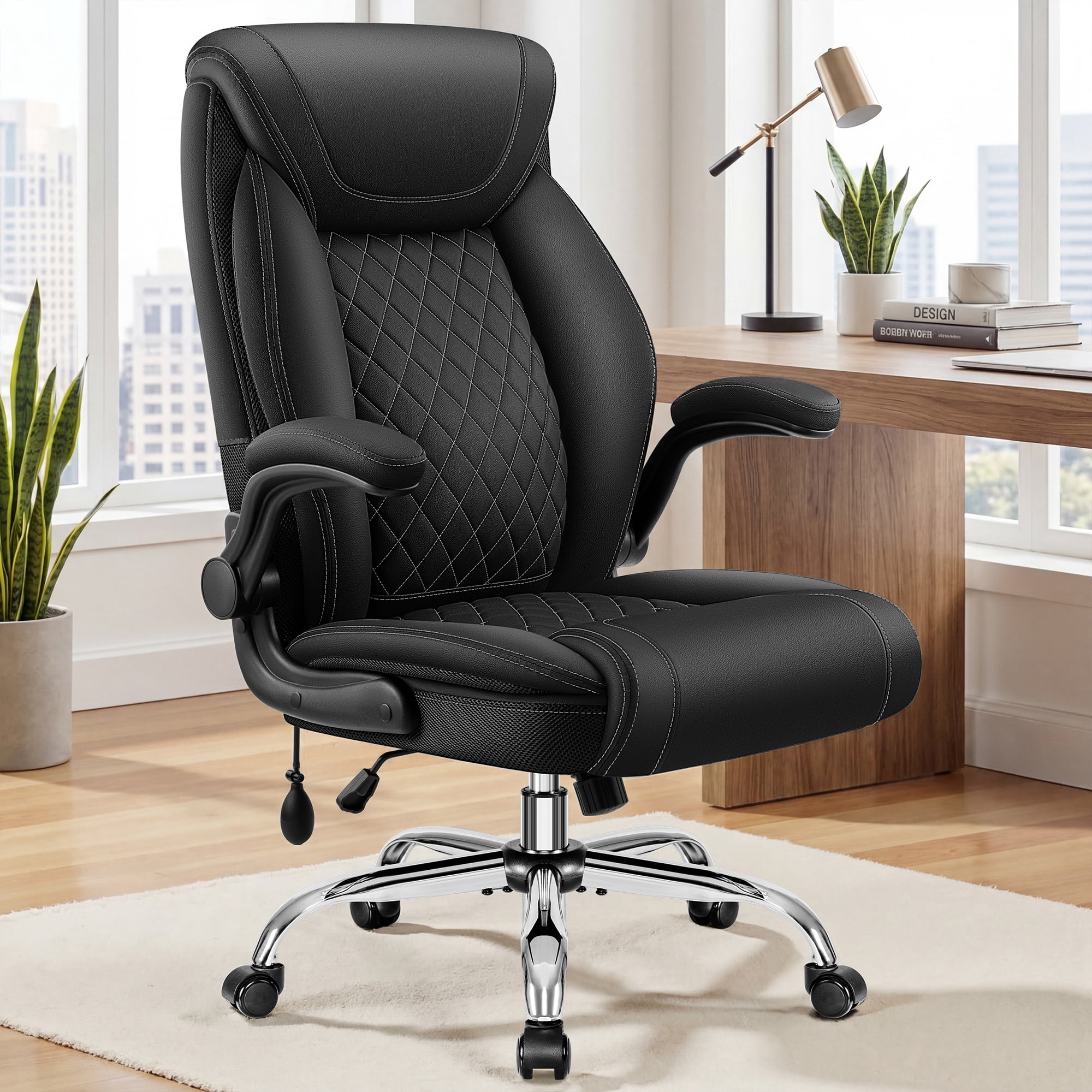 ATHOPE Leather Office Chair, Executive Desk Chairs with Flip-up Padded Armrests, Big and Tall Office Chair with Wheels, Ergonomic Computer Chair with Lumbar Support for Home Office, Black