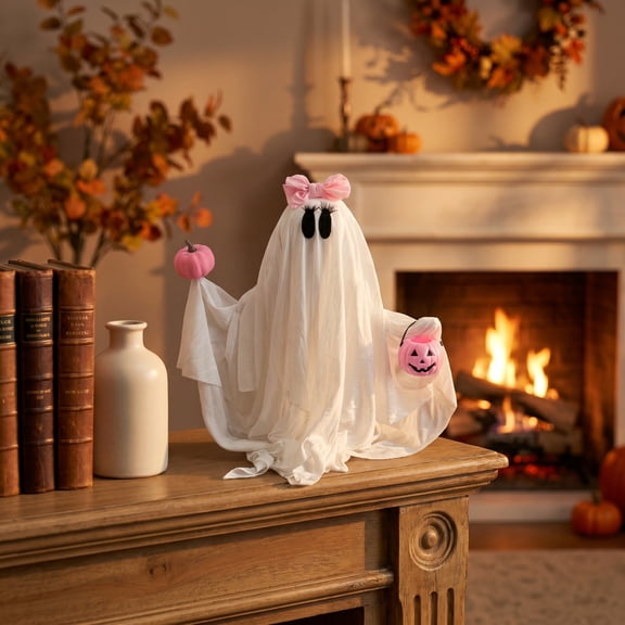 13in White Ghost with Pink Bow Desktop Decor, Battery Operated Glowing Ornament (2 AA Batteries Not Included), Spooky Decor for Home, Party & Halloween