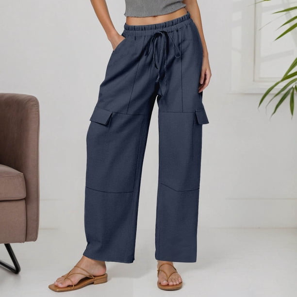 WILLBEST Pantalones Casuales de Lino para Mujer, Cintura Alta Elástica, con Cordón Ajustable, Holgados, de Pierna Ancha, para Actividades Informales En La Playa. Extra Grande