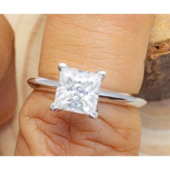 14K White Gold Plated 2 CT Princess Cut GRA Moissanite Solitaire Engagement Ring