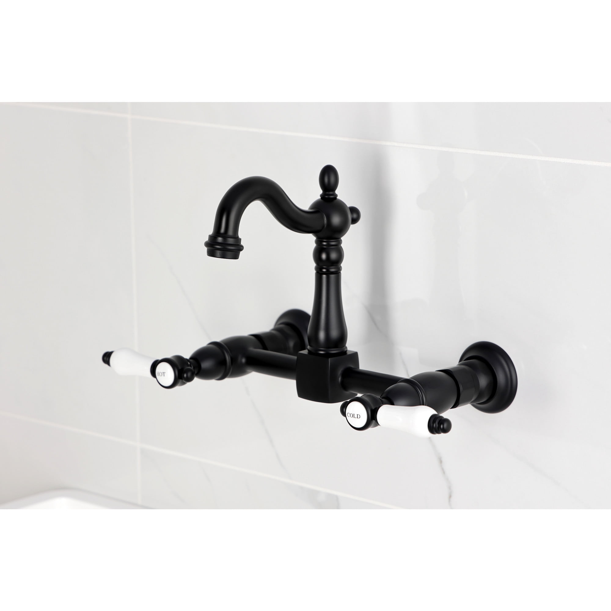 Kingston Brass KS2440BPL Bel-Air Double-Handle Wall-Mount Bridge Kitchen Faucet, Matte Black