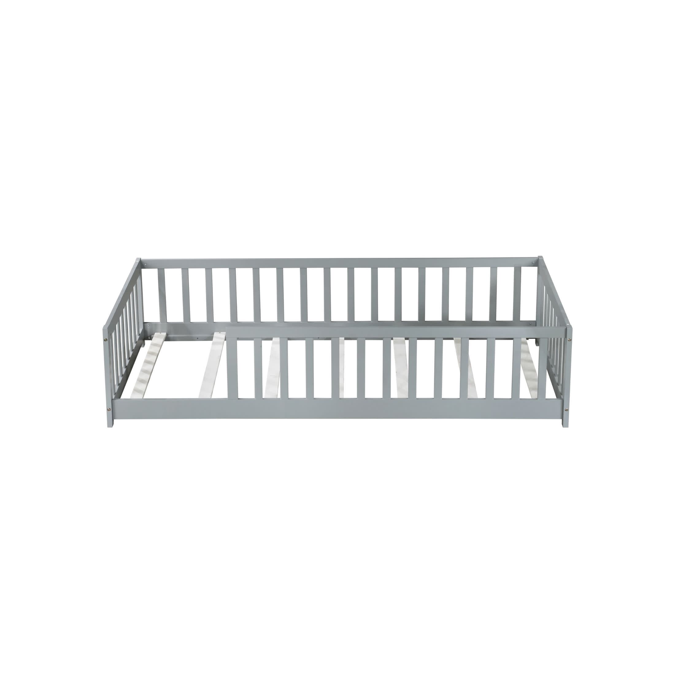 Noble House Nira Twin Size Floor Bed with High Fence, Sturdy Rubber Wood Montessori Bed, Kid's Room, Gray