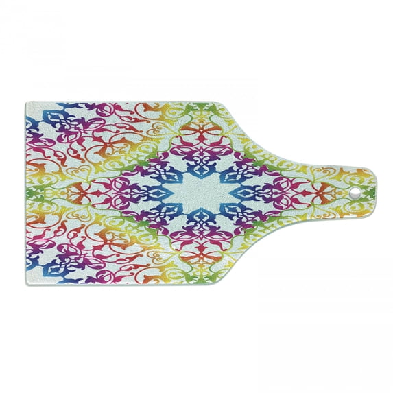 Ethnic Cutting Board, Abstract Ombre Vivid Rainbow Colored Mandala Tie Dye Effect Flower Hippie Print, Decorative Tempered Glass Cutting and Serving Board, Wine Bottle Shape, Multicolor, by Ambesonne
