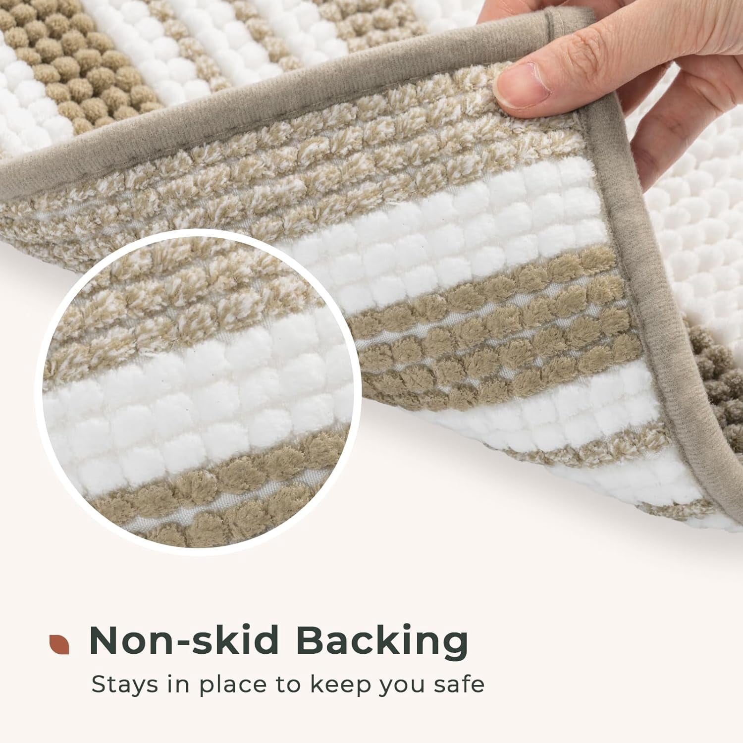 Stripe Chenille Bathroom Rugs Sets 2 Piece 17"x24"+20"x32", Soft Bath Mats for Bathroom Floor Non-Slip, Boho Washable Bath Rugs Set, Water Absorbent Shower Mat, Beige and White