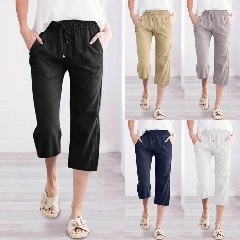 Womens Wide Leg Cotton Linen Capris Pull Up Capris Capri Fashion Summer Cropped White Linen Pants Women Short Womens Petite Wide Leg Cropped Pants Womens Capri Pants for Summer 2024 Walmart