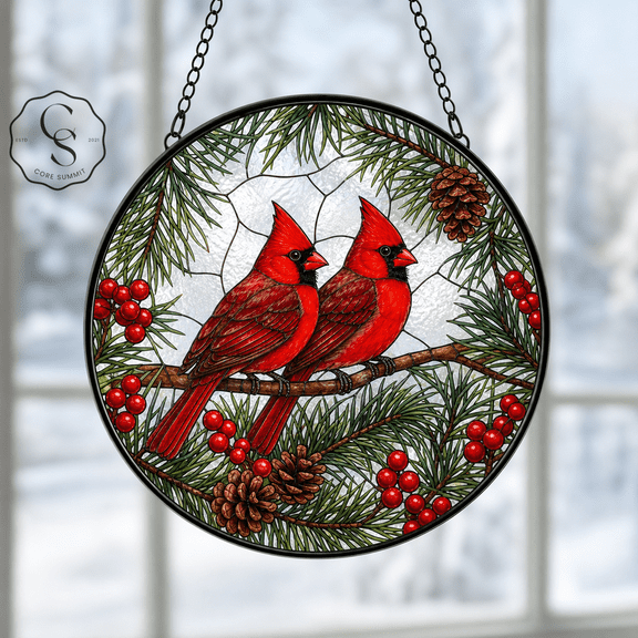 Stained Glass Suncatcher Cardinal Couple Window Hanging for Bird Lovers
