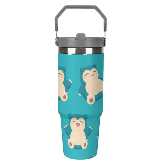 Pokémon Snorlax25 30oz Stainless Steel Tumblers with Flip Straw & Handle, Insulated Double Walled Water Bottle for Home, Office, Car, Leak Proof, Reusable