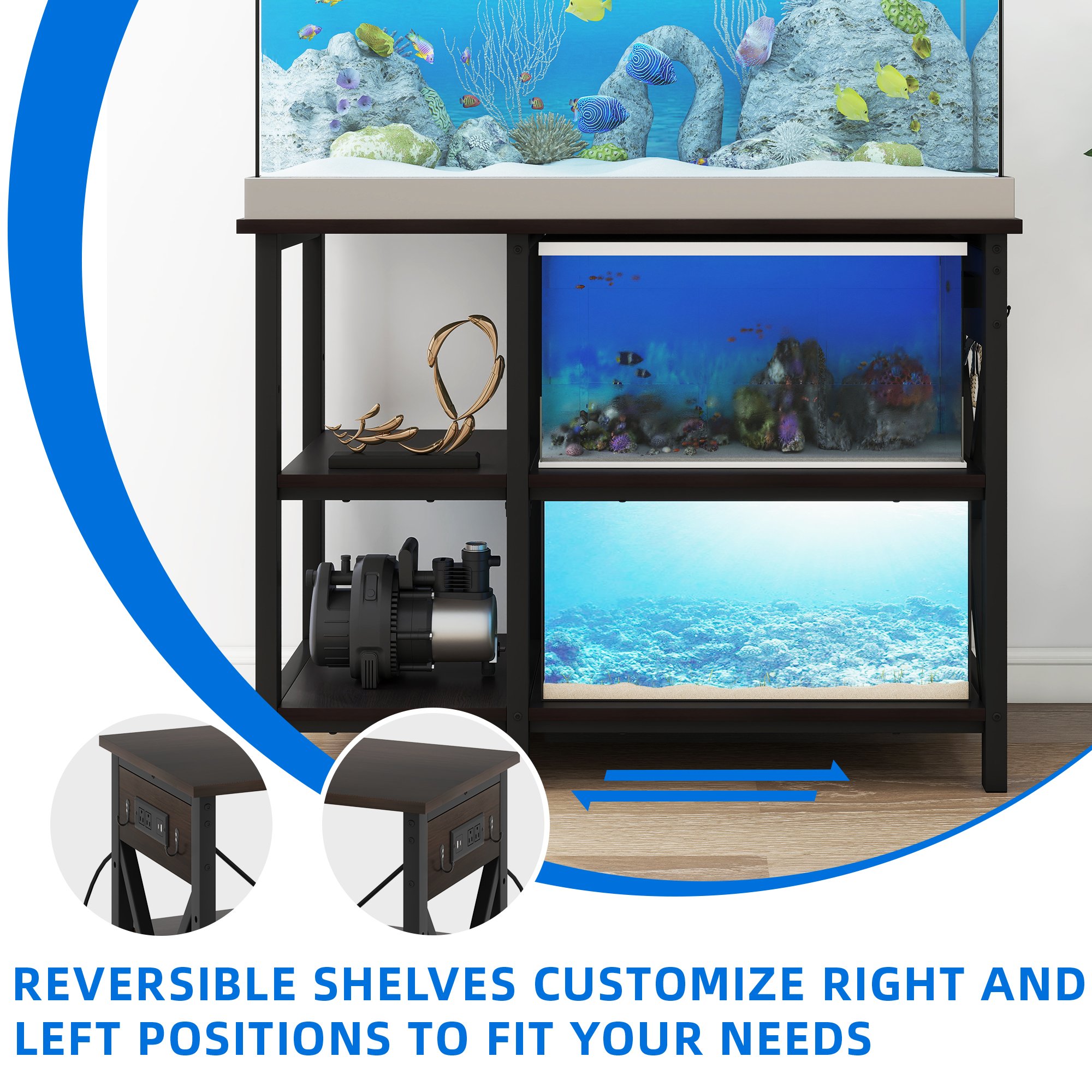 Uforic 40-50 Gallon 3-Tier Heavy Duty Metal Storage Fish Tank Stand with Power Outlets, Black