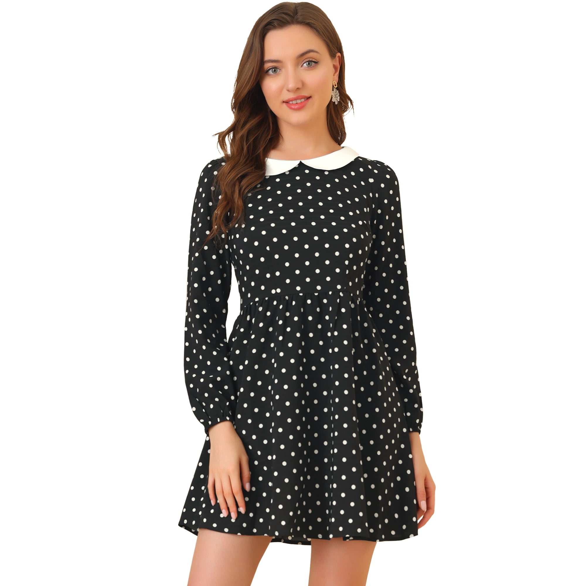 INSPIRE CHIC Women's Retro Polka Dots A-Line Long Sleeve Contrast