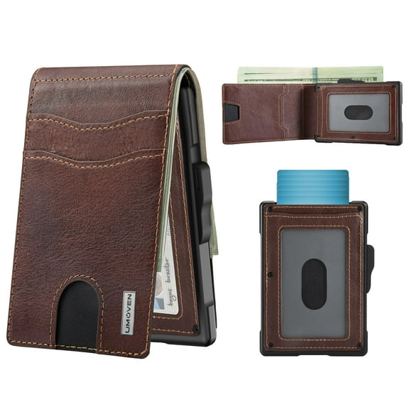 Funda plegable Wallet Umoven de piel con bloqueo RFID, marrón y rojo