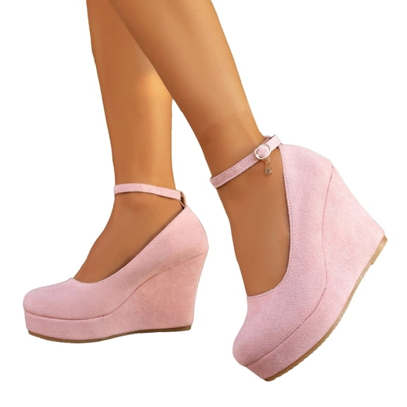 Platform Wedge Suede Loafers for Women Round Toe Chunky Heel Non Slip Casual Dressy Shoes with Ankle Strap Pink Size 6.5
