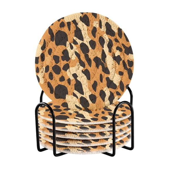 Leopard Print 6 Pcs Drink Coasters with Holder Absorbent Coasters Woven Coasters for Drinks Table Desk Protection Home Decor