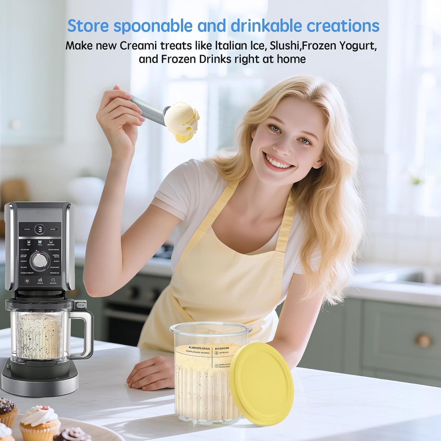 4 Pack Creami Deluxe Pints & Lids for Ninja, 24 Oz Compatible with NC500 NC501 Series Ice Cream Makers, with 5 Spoons & 64 Writable Labels, BPA-Free & Dishwasher Safe, Yellow