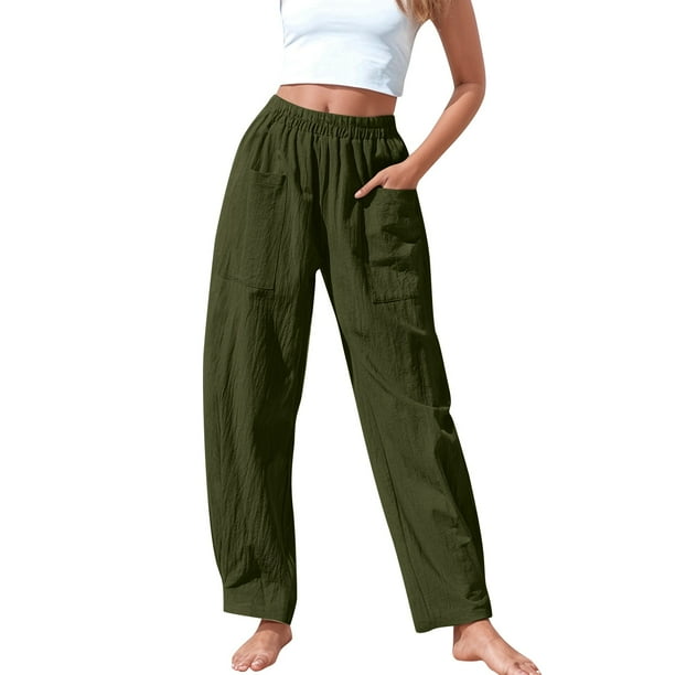 Pantalones elásticos de lino de cintura alta para mujer, informales: pantalones ligeros de verano para hacer ejercicio