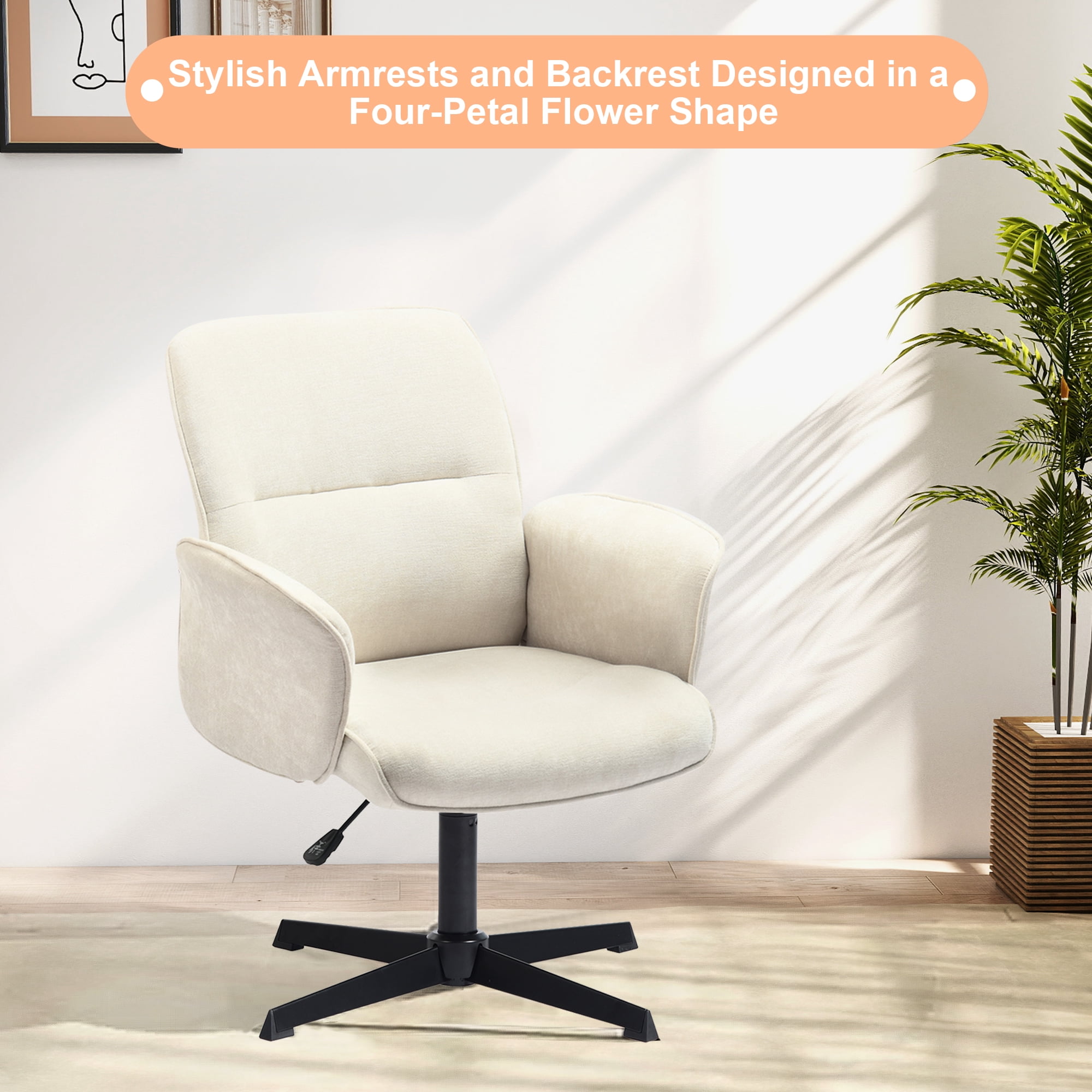 Homy Casa Off White Upholstered Swivel Desk Chair with Arms and Adjustable Height for Vanity