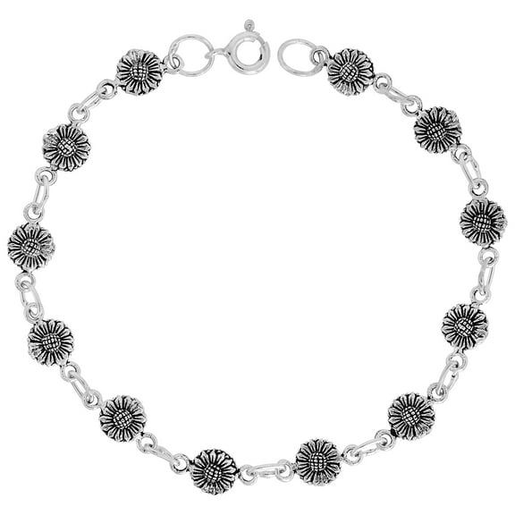 Dainty Sterling Silver Sunflower Bracelet for Women and Girls 1/4 wide 7.5 inch long