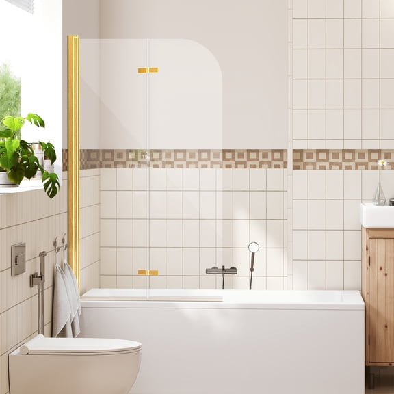 Aukfa Pivot Bifold Shower Door, 34" W x 58" H, 1/4" SGCC Tempered Glass Tub Bathtub Door Panel, Brushed Gold