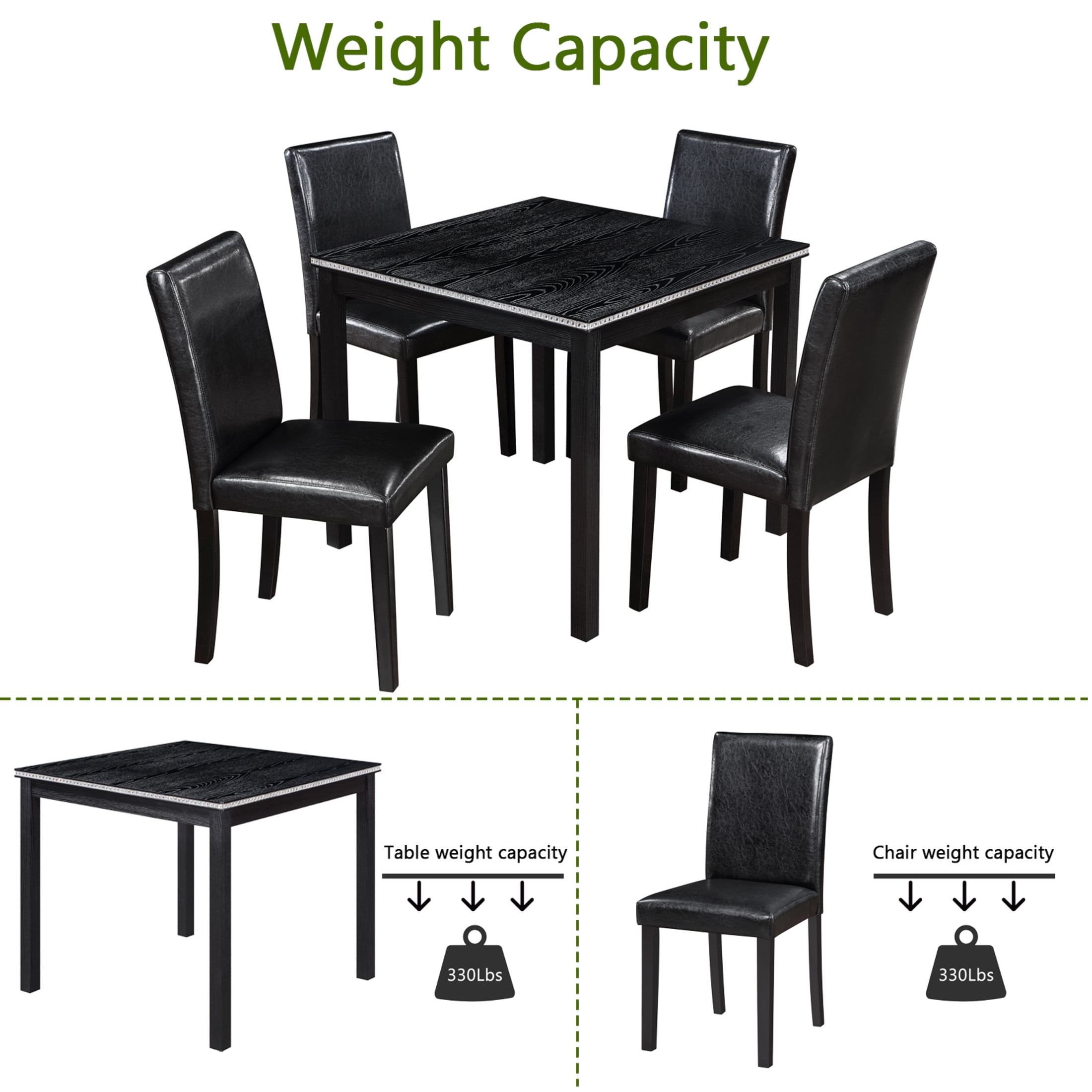 Noble House 5-Piece Wooden Dining Set, Square Table with Crystal Trim and PU Leather Upholstered Chairs, Black