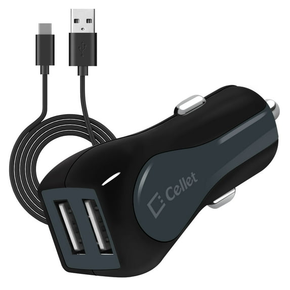 Cellet Car Charger for LG G7 ThinQ - High Power (15 Watt/3 Amp) Dual USB Port Car Charger with Detachable Type-C USB Cable (4 feet) and Atom Cloth for LG G7 ThinQ