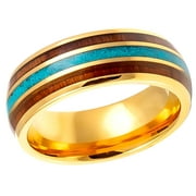Men's Women's Tungsten Wedding Band Engagement Ring 8mm Yellow Gold IP Plated with Rosewood & Crushed Turquoise Inlay