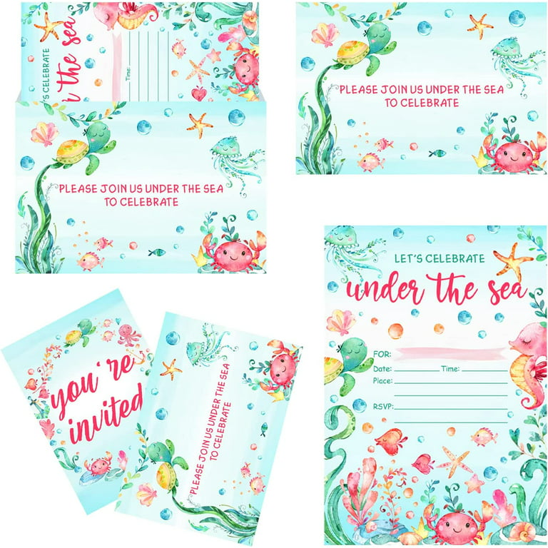 Under the Sea Party Invitations for Girls, Sea Animals Invitations with  Envelopes, Baby Shower Invitation Cards, Ocean Themed Baby Shower Birthday