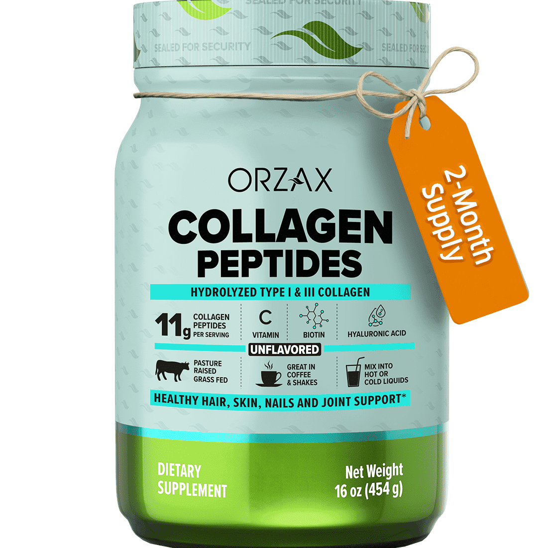 ORZAX Collagen Peptides Powder Unflavored - Hair, Skin and Nails Vitamins - Bone & Joint Support Supplement - Collagen Drink Mix - Collagen Powder For Women & Man (16oz)