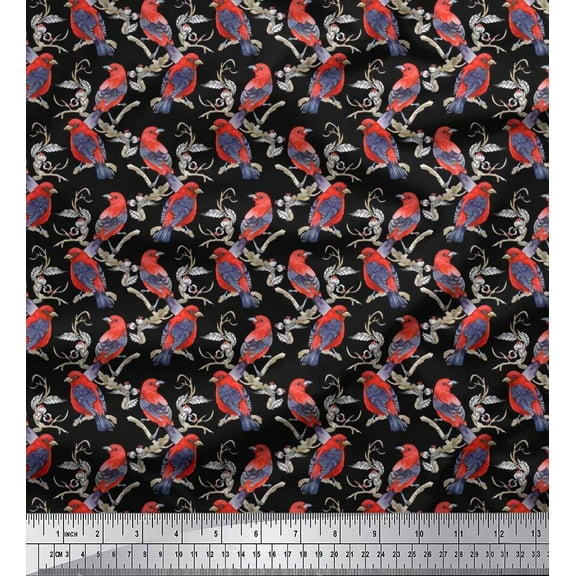 Soimoi Black Cotton Duck Fabric Branches & American Robin Bird Printed Fabric 1 Yard 42 Inch Wide